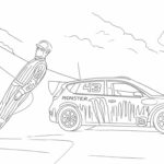 Dessin à colorier de Ken Block devant sa Ford Fiesta de Gymkhana 3 à l'autodrome de Montlhéry.