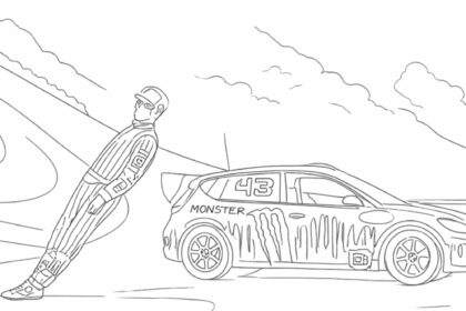 Dessin à colorier de Ken Block devant sa Ford Fiesta de Gymkhana 3 à l'autodrome de Montlhéry.