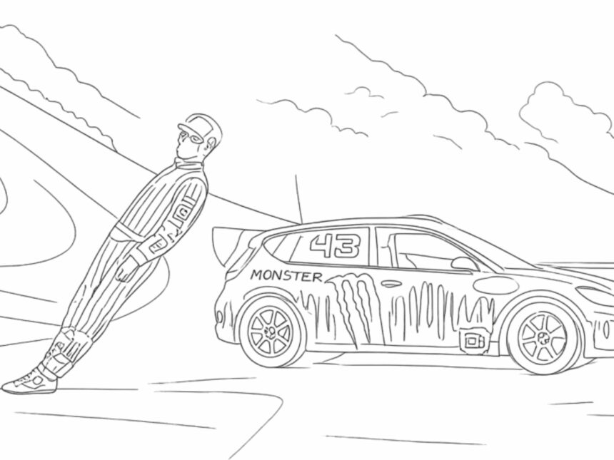 Dessin à colorier de Ken Block devant sa Ford Fiesta de Gymkhana 3 à l'autodrome de Montlhéry.
