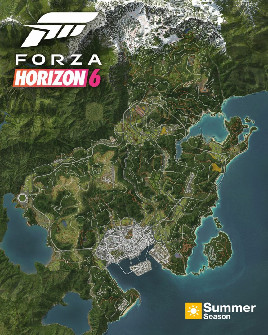 ue aérienne complète de la carte de Forza Horizon 6 située au Japon. On y voit la ville dense de Tokyo au sud, les montagnes enneigées au nord, des zones agricoles et des routes côtières. Le logo du jeu est en haut à gauche et l'indicateur "Summer Season" en bas à droite.