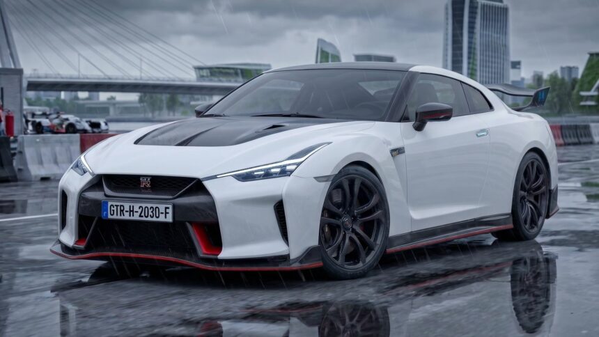 Concept car Nissan GT-R R36 hybride de 2030, livrée blanche Nismo avec capot en carbone, optiques effilées style futuriste, généré par intelligence artificielle.