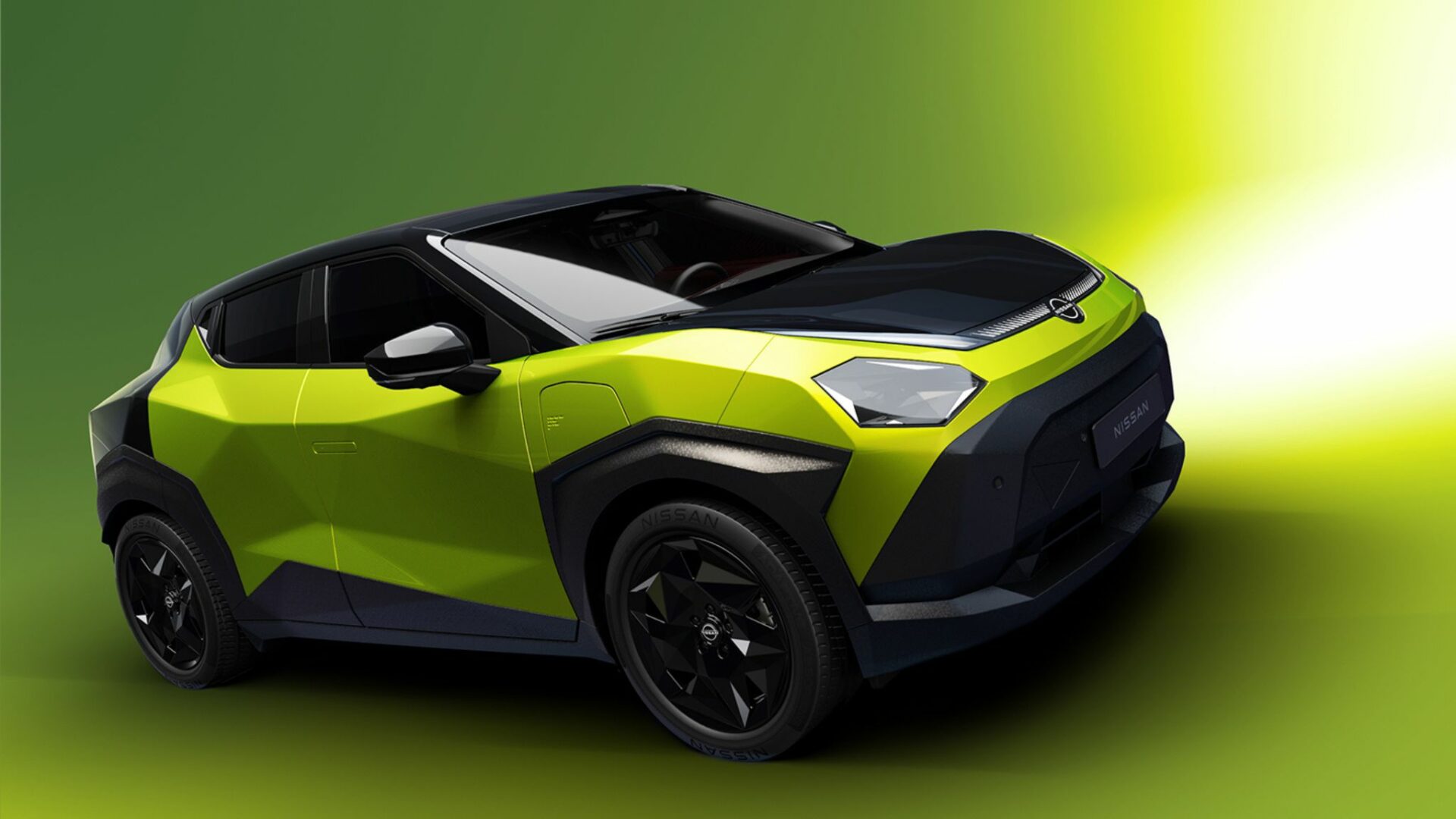 Concept Nissan Juke électrique : un profil agressif bicolore vert chartreuse et noir avec des jantes géométriques complexes.
