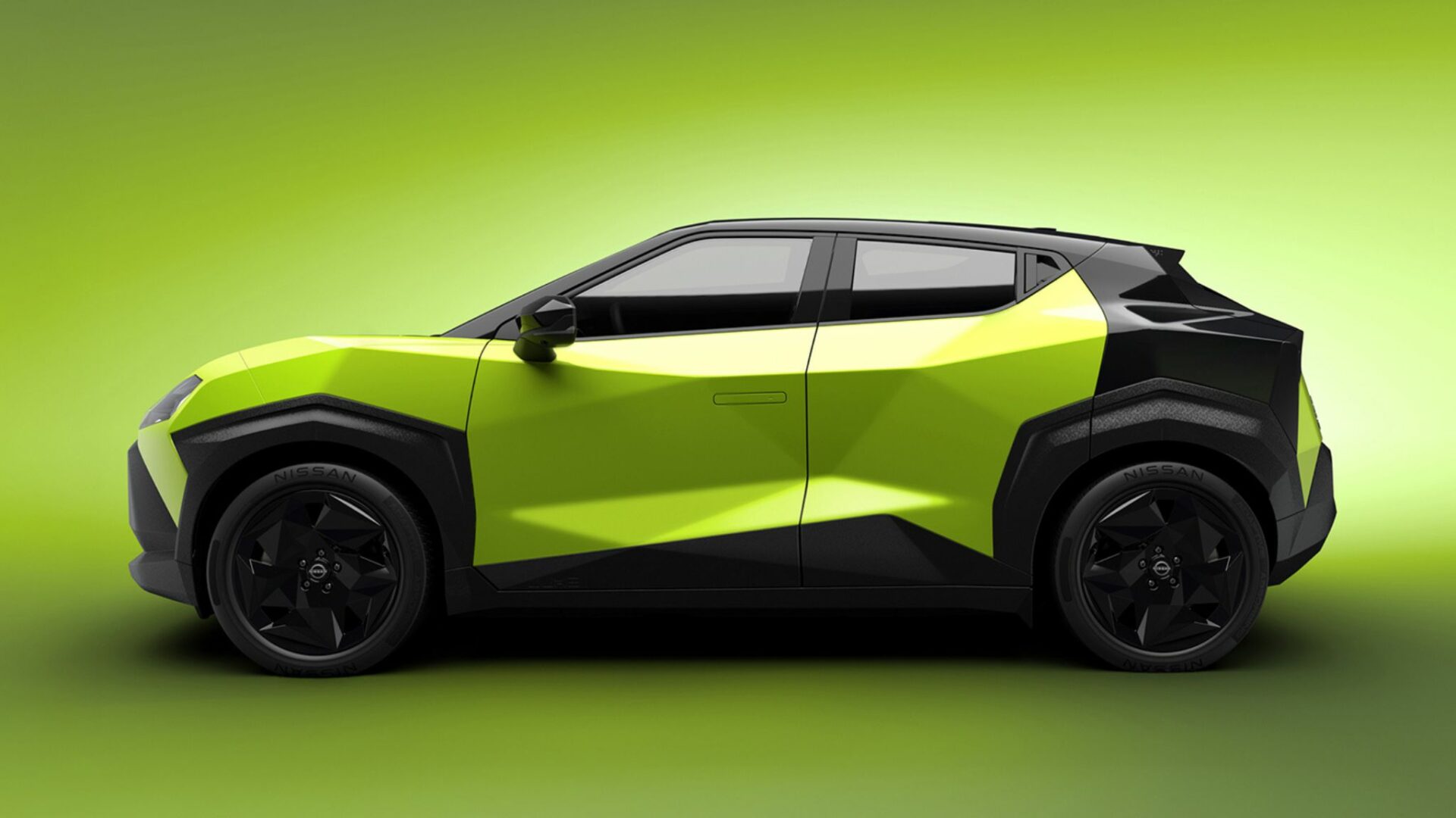 Silhouette de profil du nouveau Nissan Juke électrique montrant le découpage bicolore vert et noir et la ligne de toit fuyante.