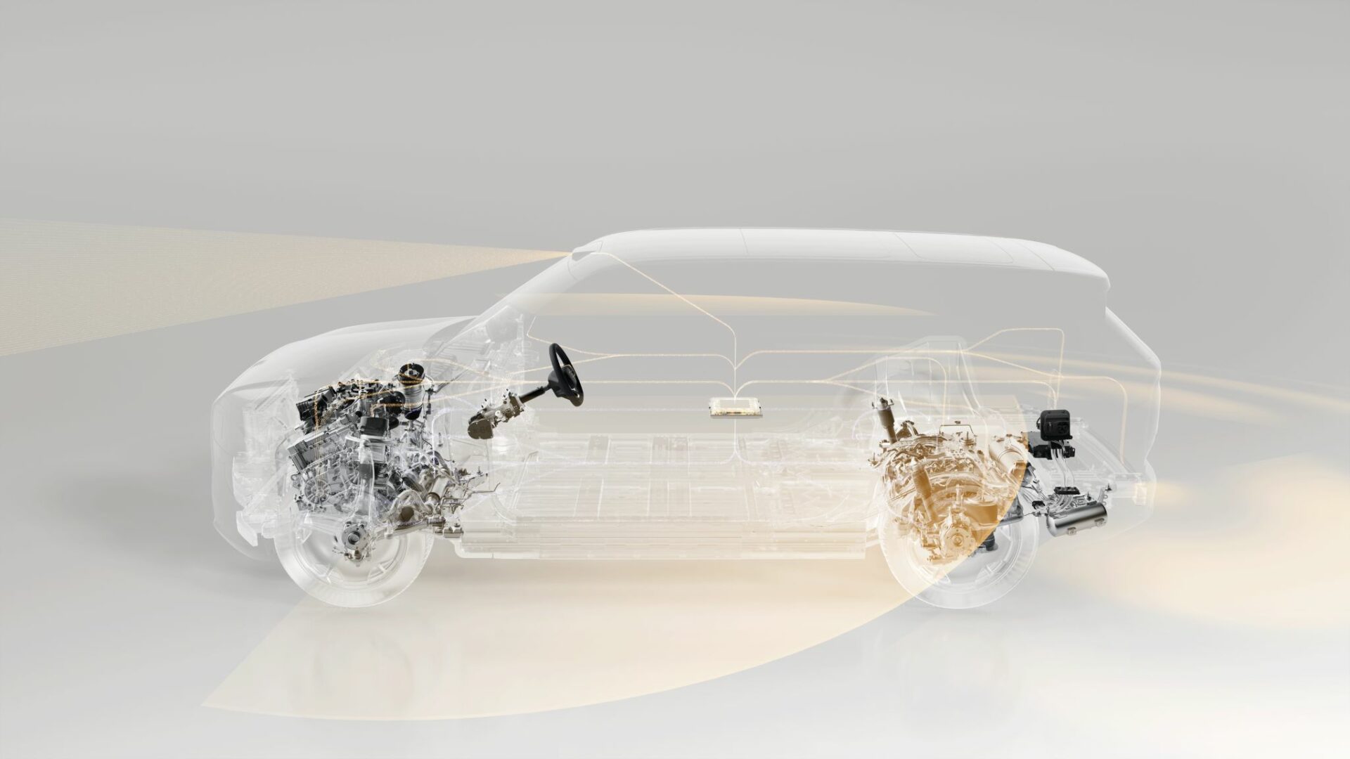 Vue en transparence du châssis du Zeekr 9X montrant le moteur 2.0L Turbo, la batterie 900V et le système LiDAR