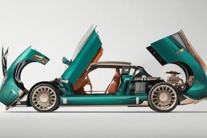 Vue de profil de la Spyker C8 Preliator XXV Coupé vert Quail Green avec ses portes en ciseaux, capot moteur et capot avant entièrement ouverts