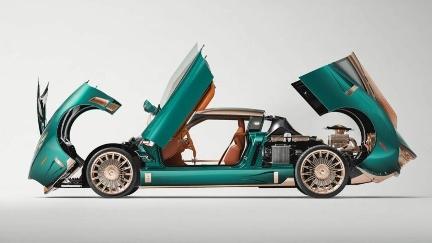 Vue de profil de la Spyker C8 Preliator XXV Coupé vert Quail Green avec ses portes en ciseaux, capot moteur et capot avant entièrement ouverts