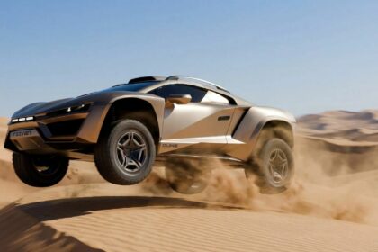 Le Rezvani Dune couleur bronze en plein saut au-dessus des dunes de sable dans le désert avec de la poussière sous les roues