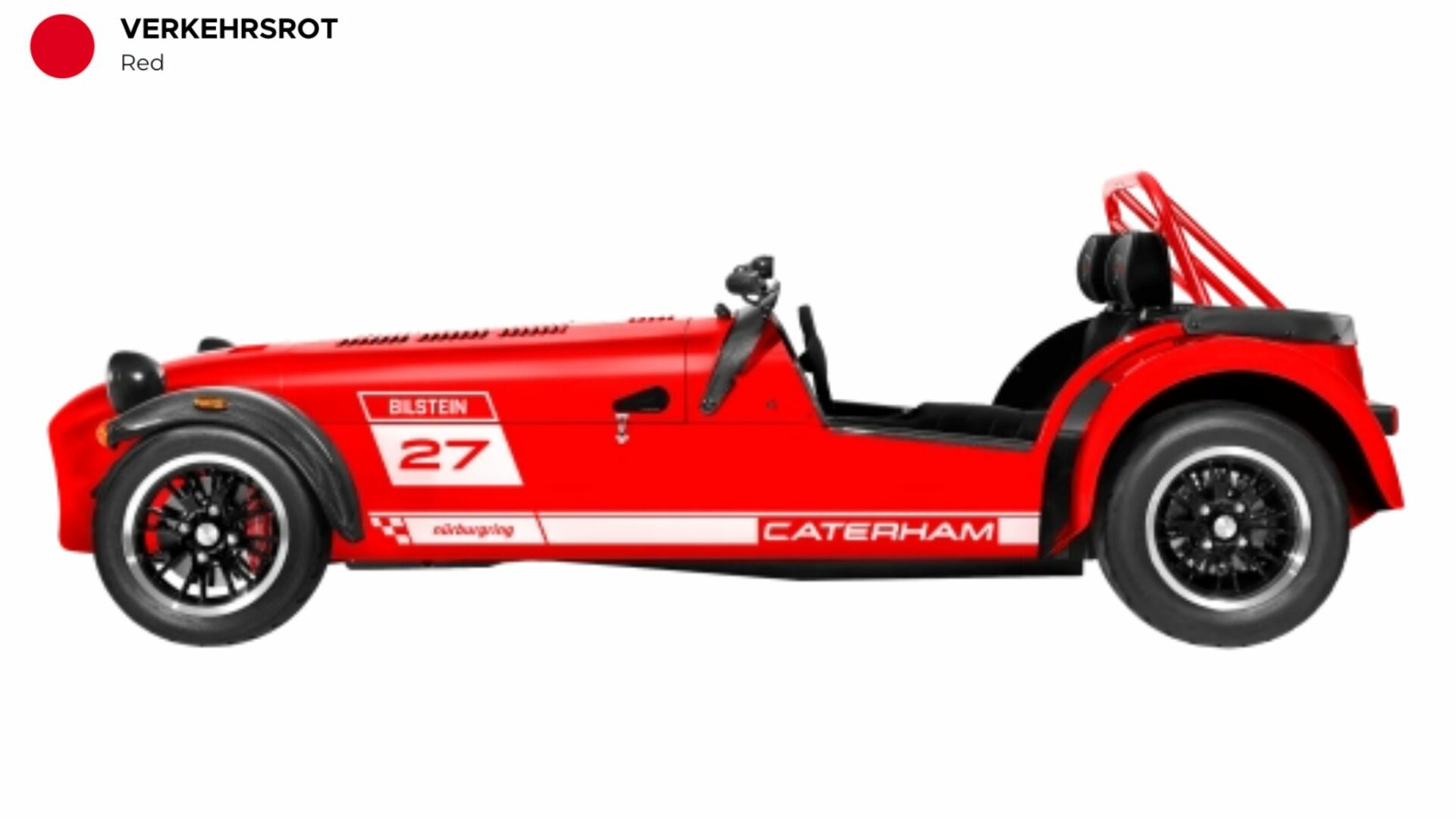 Profil de la Caterham Seven Nürburgring Edition en teinte rouge Verkehrsrot avec détails blancs