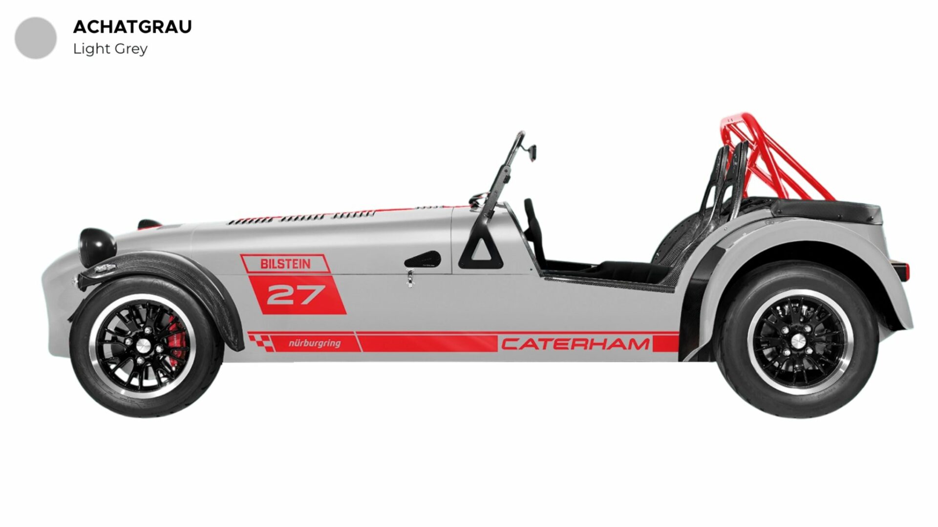 Profil de la Caterham Seven Nürburgring Edition en teinte Achatgrau avec décorations rouges
