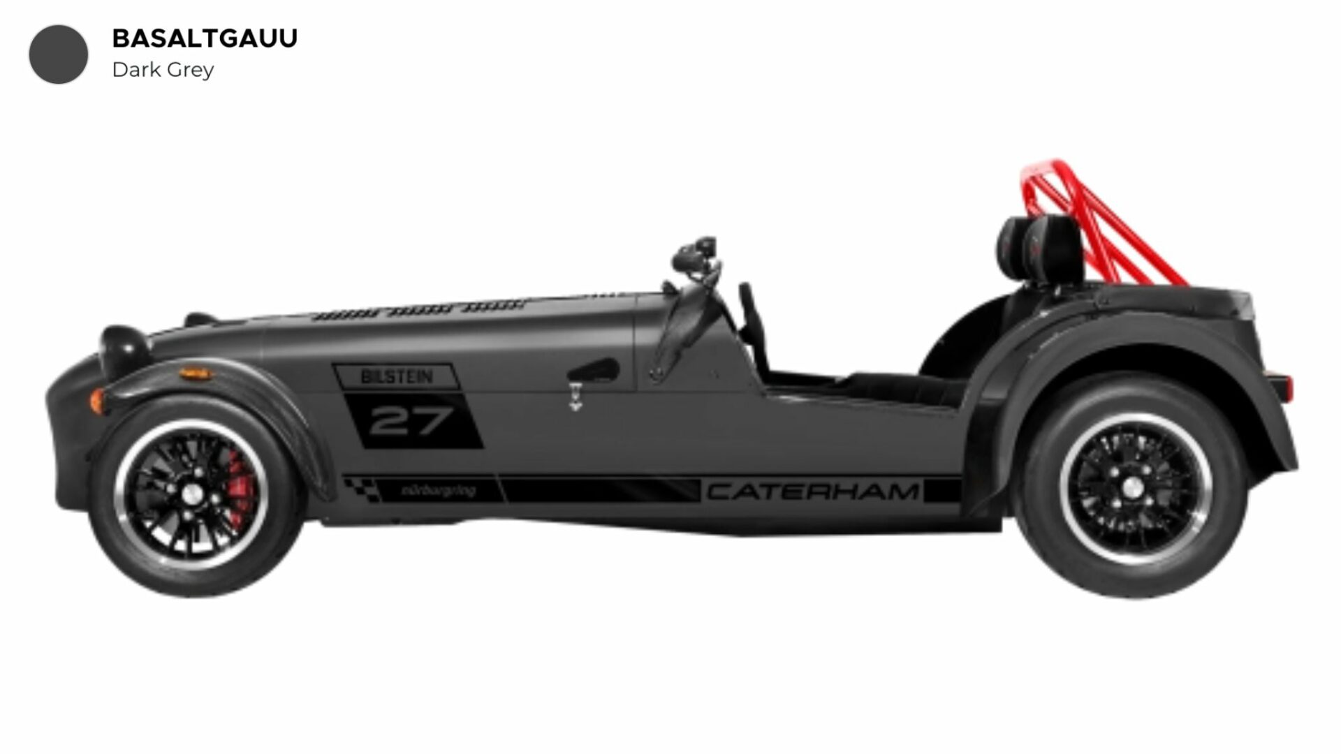 Profil de la Caterham Seven Nürburgring Edition en teinte sombre Basaltgrau avec arceau rouge