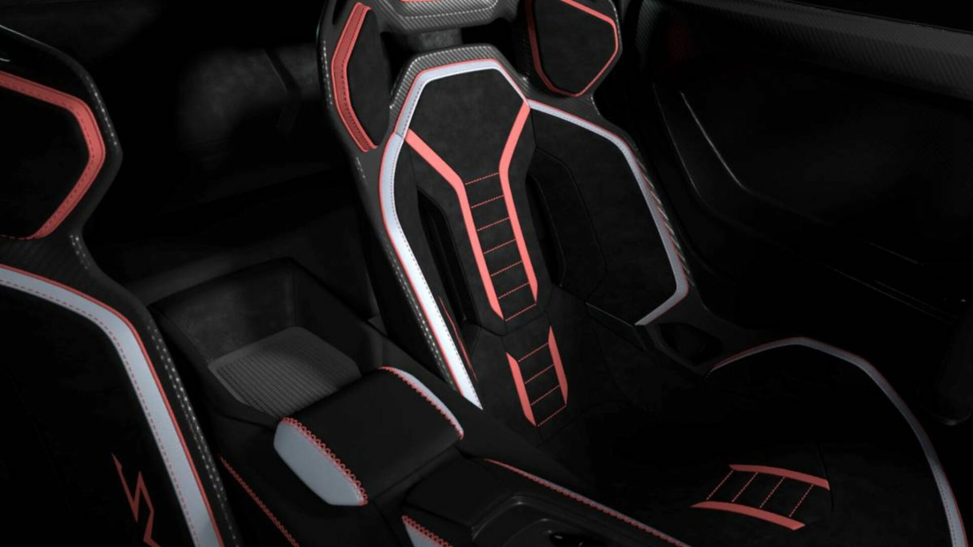 Gros plan sur le siège baquet de la Lamborghini Revuelto SV en fibre de carbone et Alcantara avec motif géométrique rouge