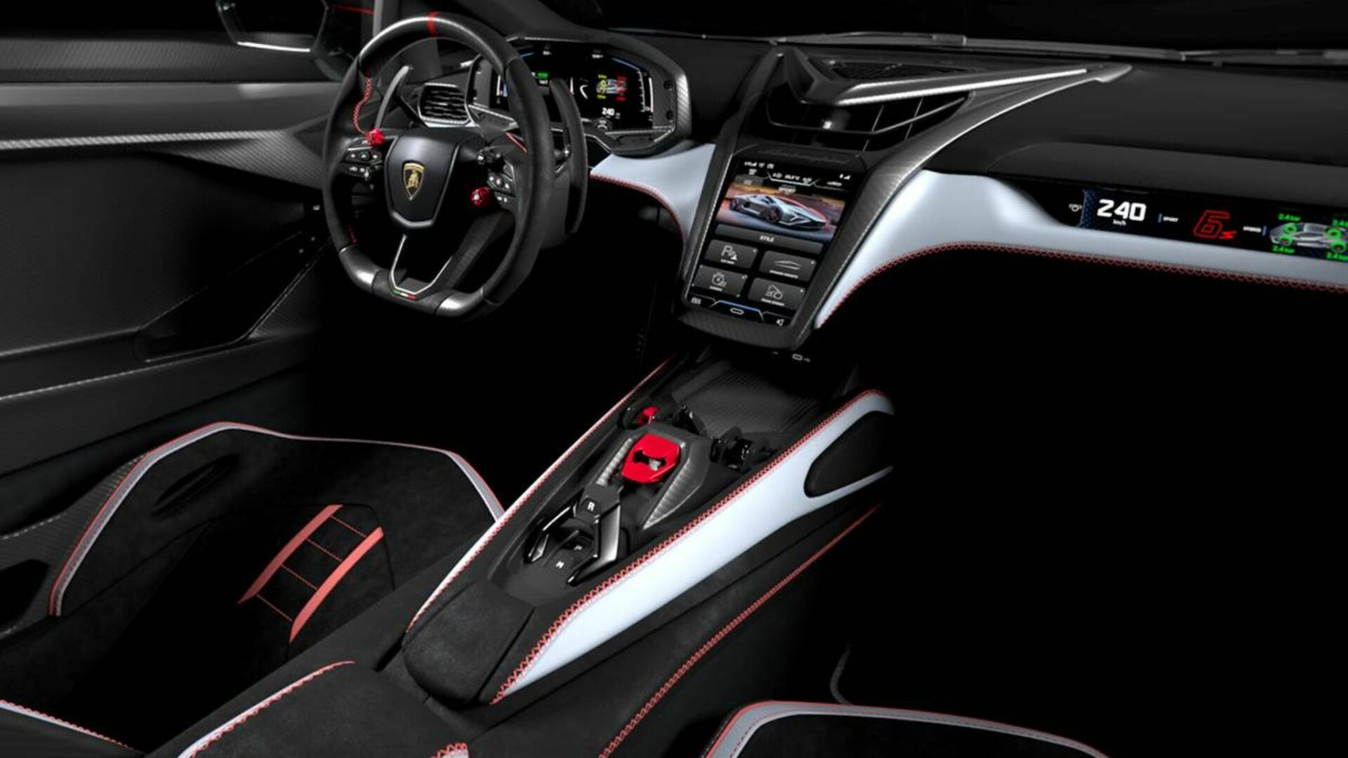 Tableau de bord et cockpit de la Lamborghini Revuelto SV montrant le volant volant sport, la console centrale avec bouton Start/Stop et l'écran passager