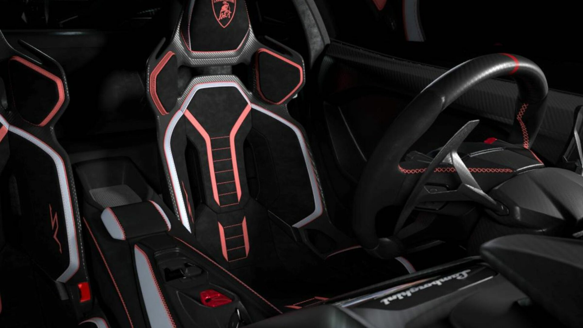 Intérieur de la Lamborghini Revuelto SV montrant les sièges baquets en carbone et Alcantara noir avec surpiqûres rouges et volant sport