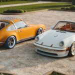 Porsche 911 Louis Vuitton par Singer : coupé jaune safran avec galerie de toit et cabriolet blanc