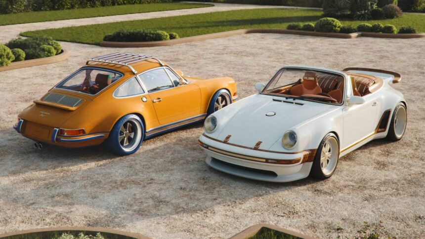 Porsche 911 Louis Vuitton par Singer : coupé jaune safran avec galerie de toit et cabriolet blanc