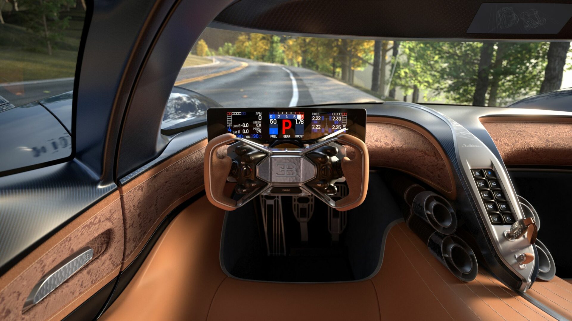 Vue depuis le siège conducteur du cockpit de la Bugatti Destrier montrant le volant rectangulaire, l'écran d'instrumentation et la route de campagne
