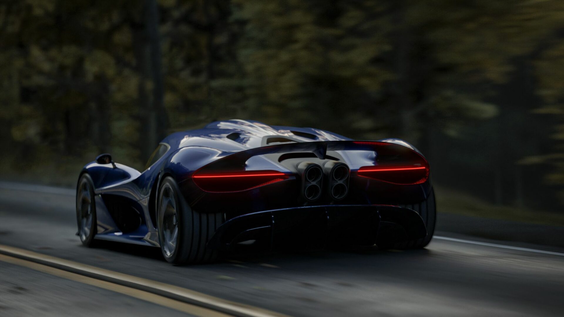 Vue trois-quarts arrière de la Bugatti Destrier bleu Sapphire Celeste en mouvement sur route, montrant les quatre sorties d'échappement centrales