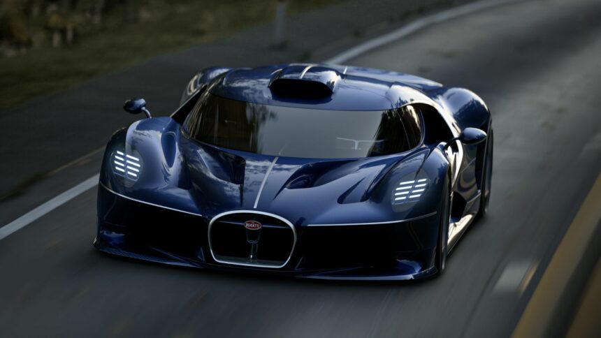 La Bugatti Destrier bleu Sapphire Celeste de trois-quarts face en train de rouler sur une route de campagne