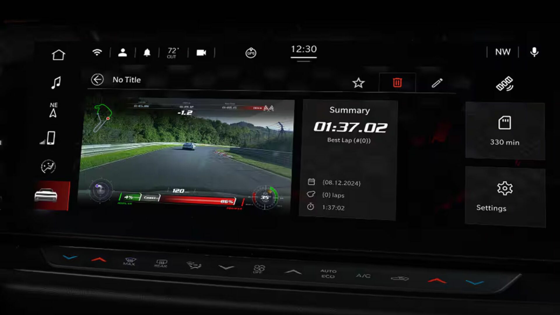 Écran tactile multimédia de la Dodge Charger Super Bee 2027 affichant les données de télémétrie du Track Mode et le chronomètre de tour