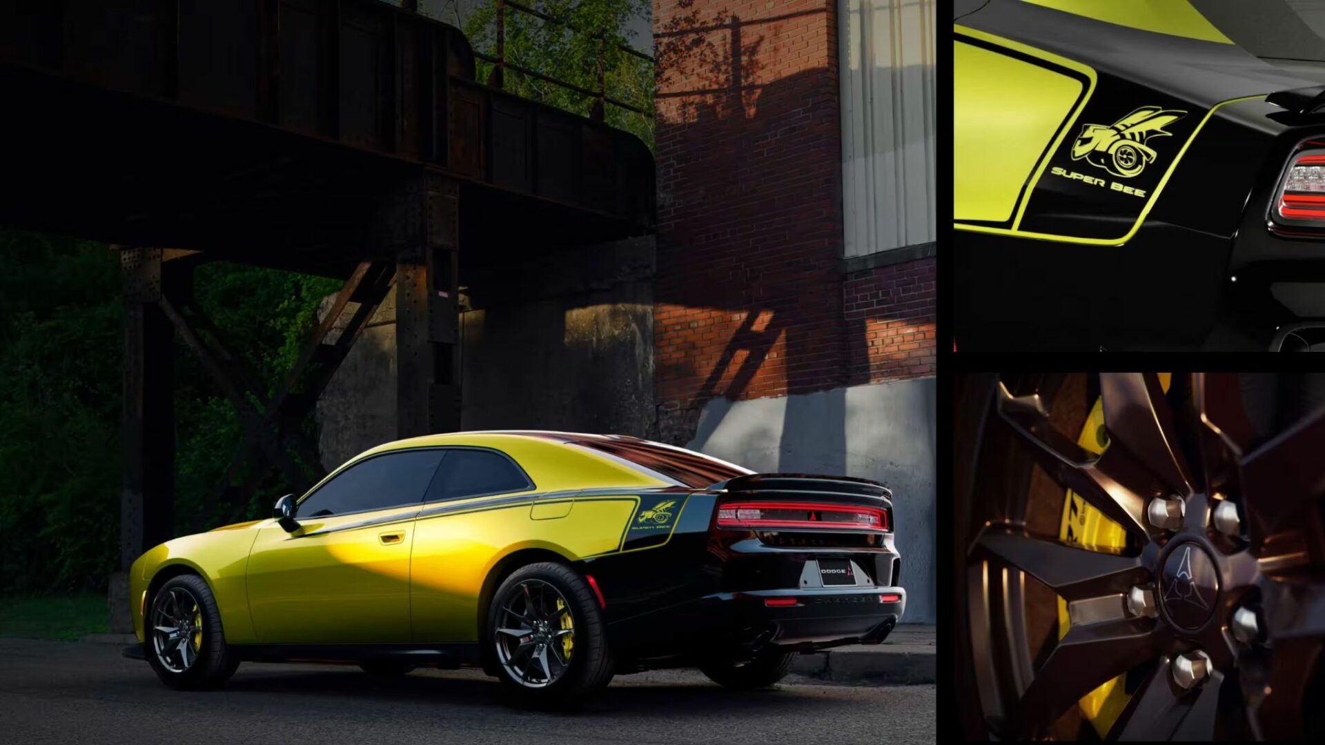 Composition d'images de la Dodge Charger Super Bee 2027 montrant la voiture sous un pont, le badge Super Bee et une jante avec étrier Brembo