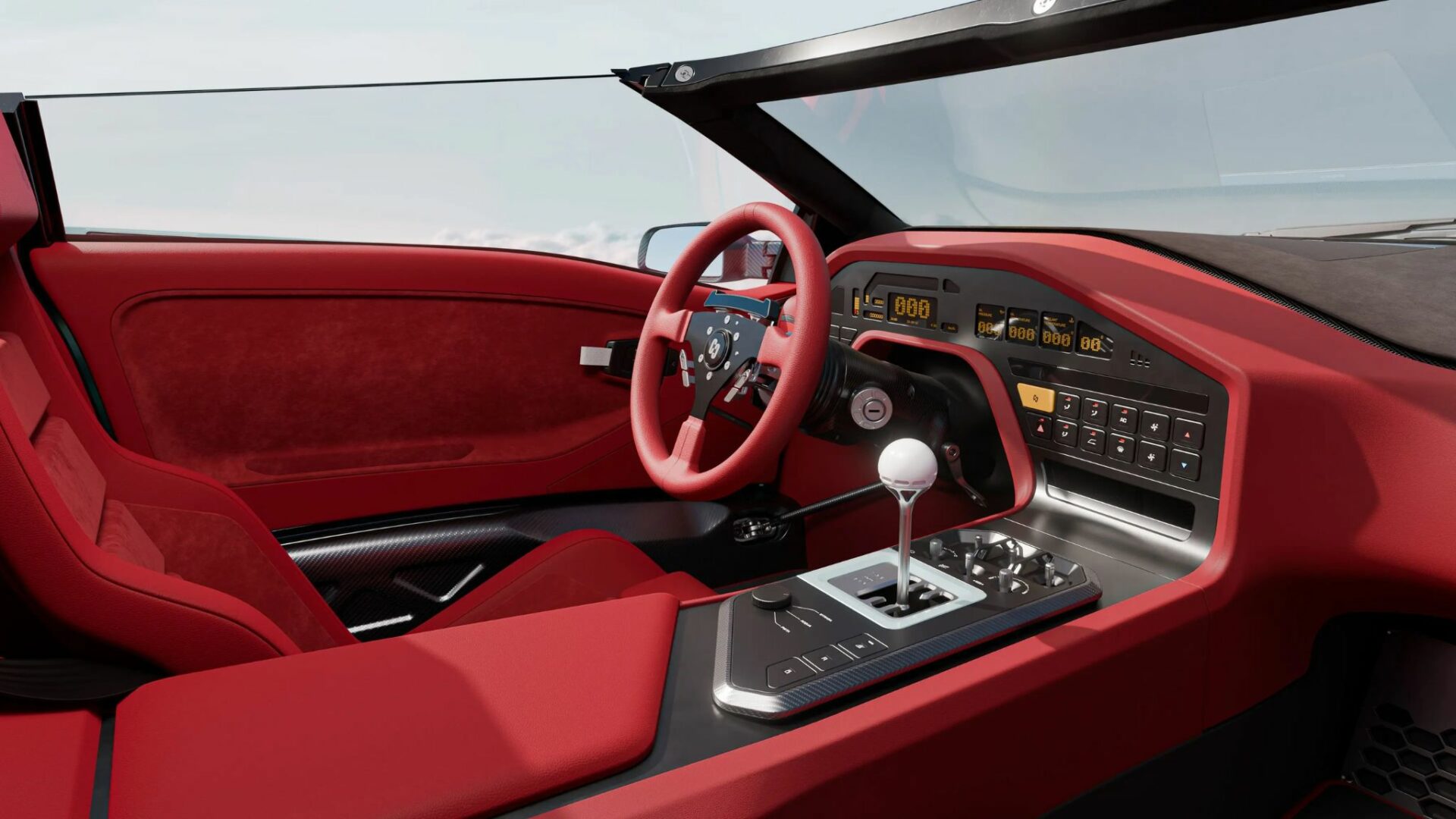 Vue du poste de pilotage de l'Eccentrica V12 Roadster montrant le volant sport rouge, la grille de boîte manuelle et l'instrumentation numérique rétro