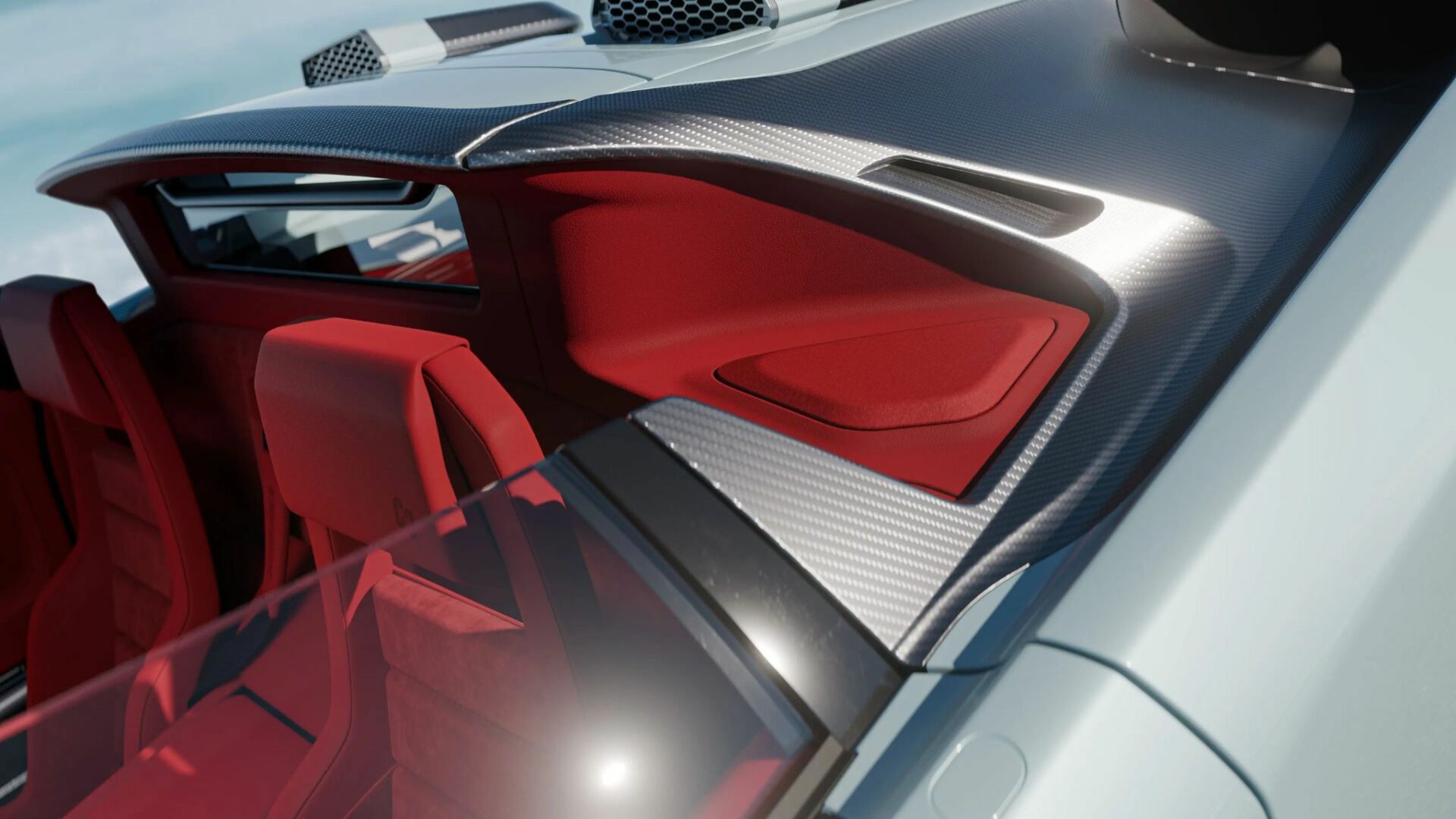 Gros plan sur les finitions en fibre de carbone tressée et la sellerie en cuir rouge du restomod Eccentrica V12 Roadster