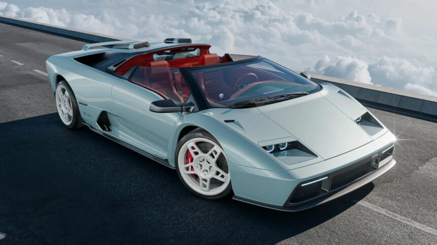 Vue trois-quarts avant de l'Eccentrica V12 Roadster, restomod d'exception inspiré de la Lamborghini Diablo roadster, teinte bleu pastel et intérieur rouge