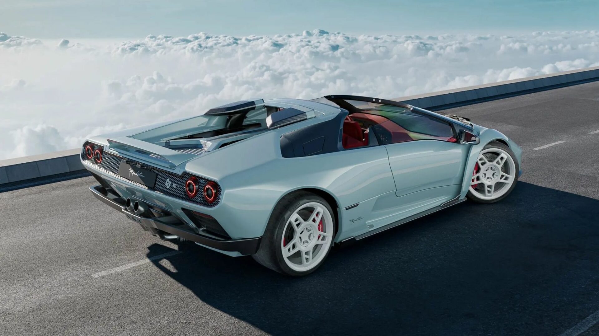 Vue trois-quarts arrière de l'Eccentrica V12 Roadster, restomod d'exception inspiré de la Lamborghini Diablo roadster avec quadruples feux LED et double échappement